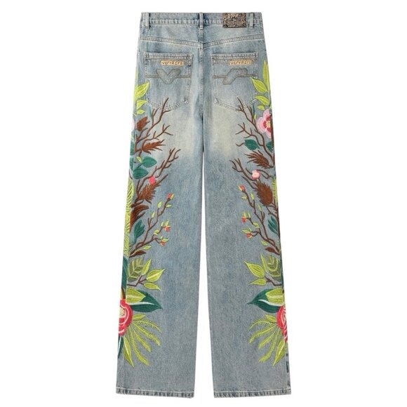 VeryRare Sakura Demi Jeans Size M Blue Pants Denim Embroidered Cherry Blossom - Picture 7 of 16